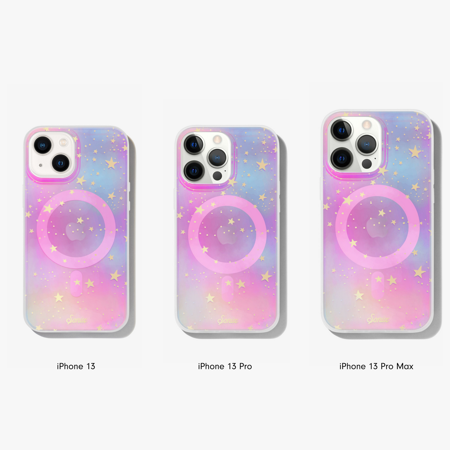 Our clear case with signature iridescent finish featuring gold foil stars shown on an iphone 13, iphone 13 pro, and iphone 13 pro max