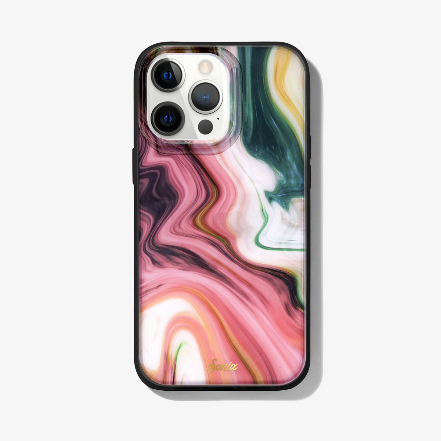 Quartz iPhone Case. Features a marbled print with a black bumper.