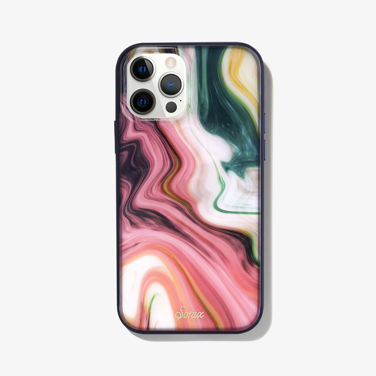 Quartz iPhone Case. Features a marbled print with a black bumper.