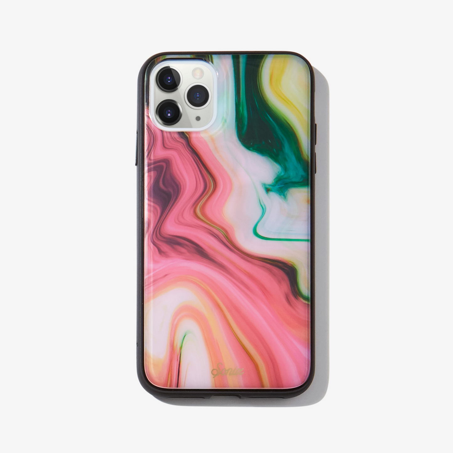 Quartz iPhone Case. Features a marbled print with a black bumper.