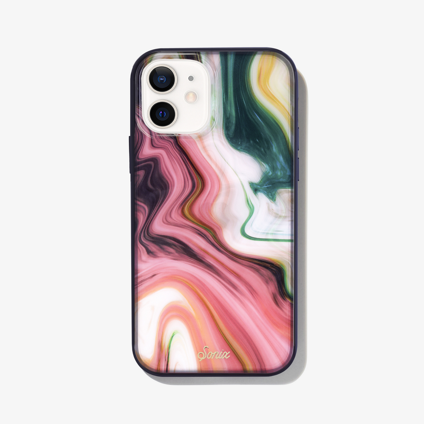 Quartz iPhone Case. Features a marbled print with a black bumper.
