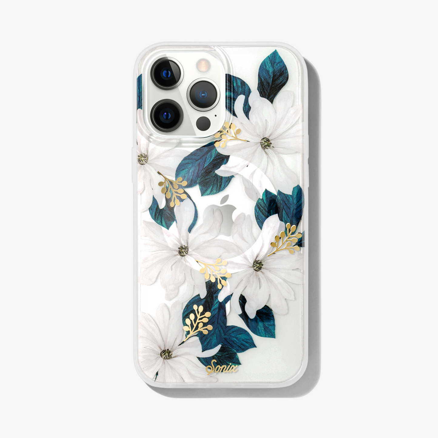 clear iphone 13 case with flora design with whites, greens, and gold foil front view
