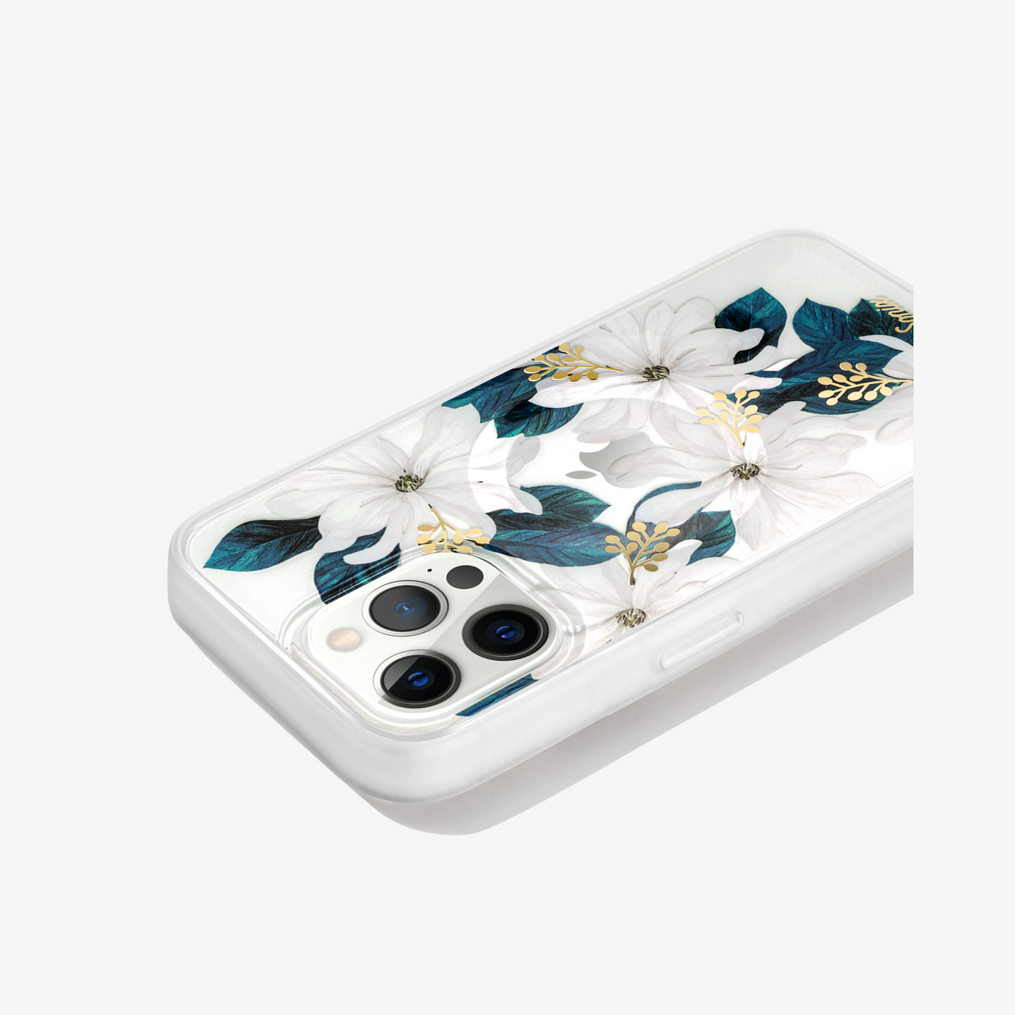 clear iphone 13 case with flora design with whites, greens, and gold foil side view