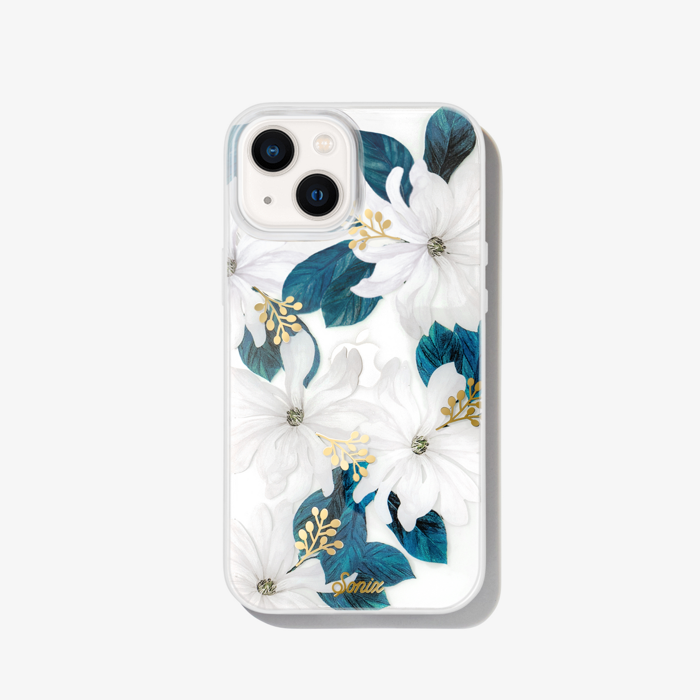 delicate white flowers with gold foiled pollen details shown on iphone 13