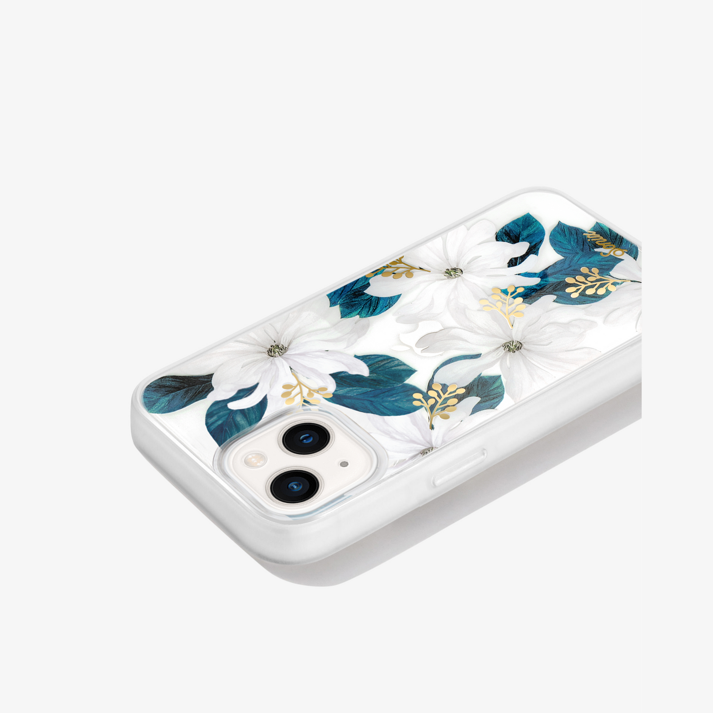 clear iphone 13 case with flora design with whites, greens, and gold foil (side view)