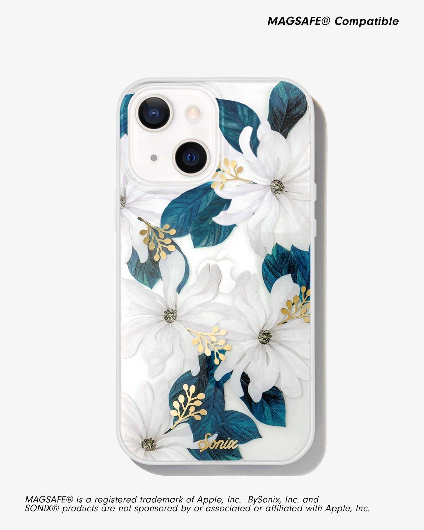 clear iphone 13 case with flora design with whites, greens, and gold foil