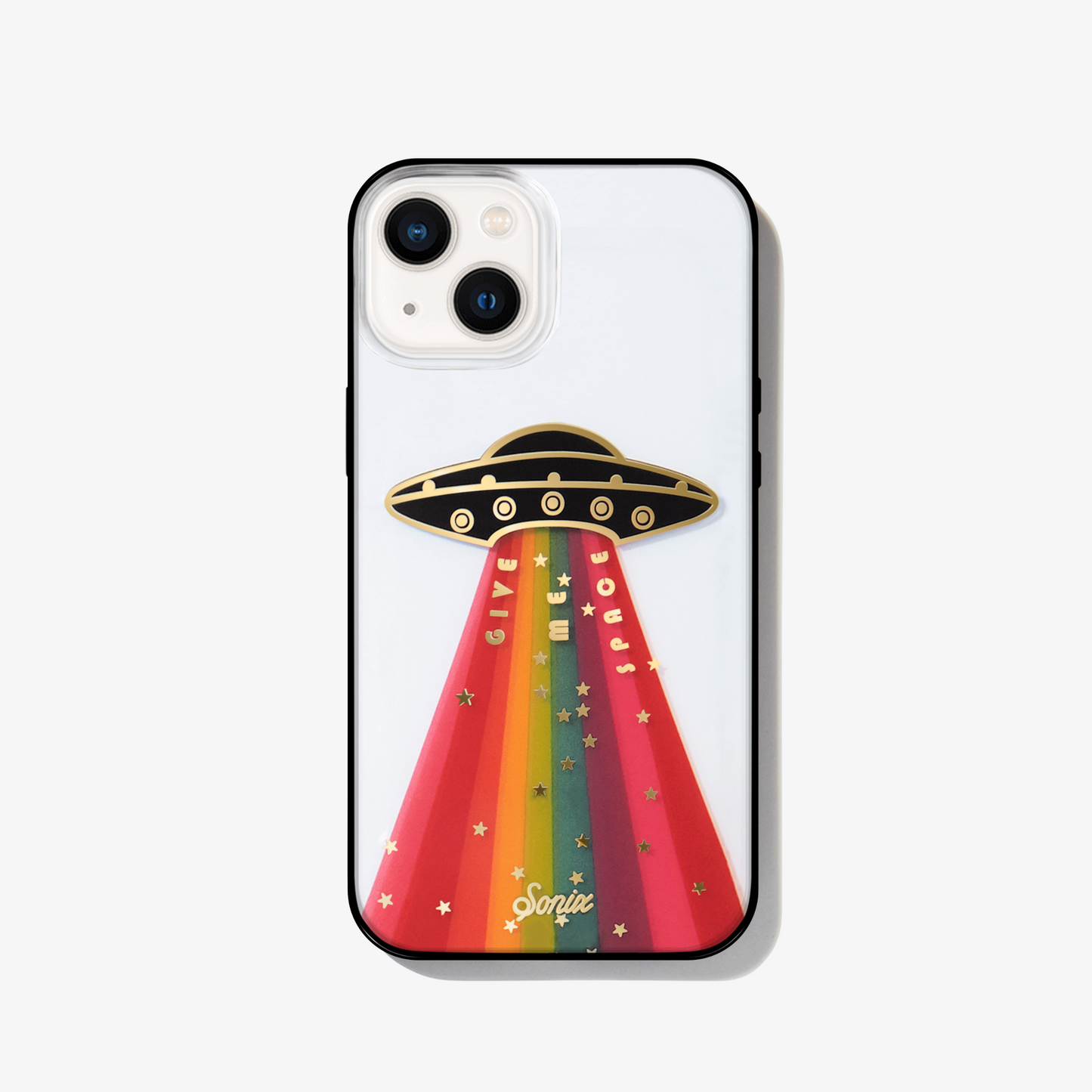 a rainbow ufo design and the words "give me space" with gold foiling and a black bumper shown on an iphone 13 case