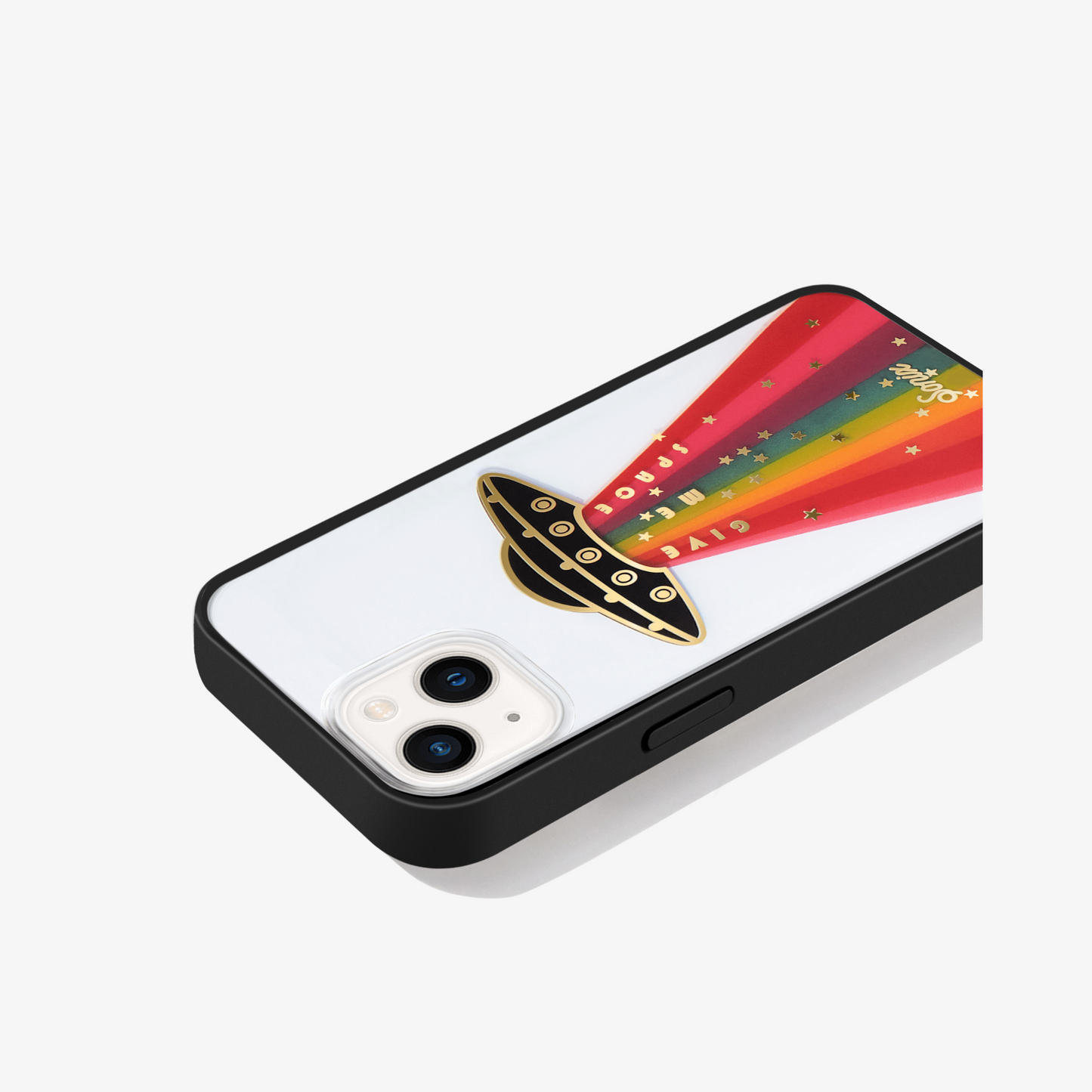 a rainbow ufo design and the words "give me space" with gold foiling and a black bumper shown on an iphone 13 side view