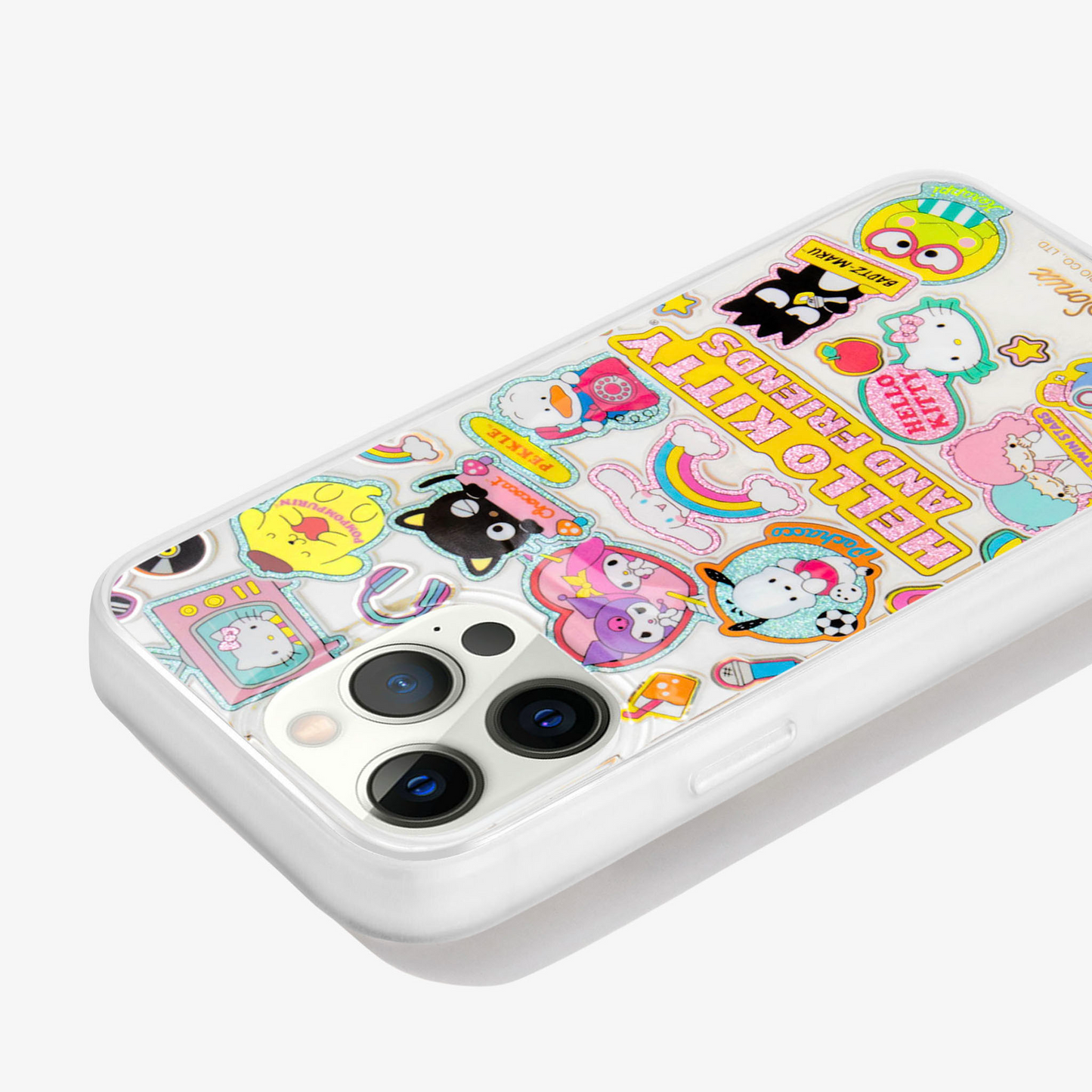 clear case with many beloved hello kitty characters featuring multi-color glitter and classic gold foiling shown on an iphone 13 pro max side view