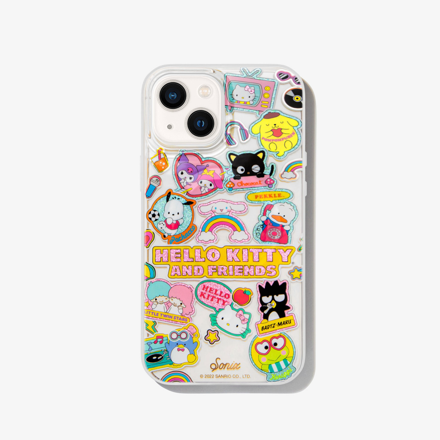 clear case with many beloved hello kitty characters featuring multi-color glitter and classic gold foiling shown on an iphone 13