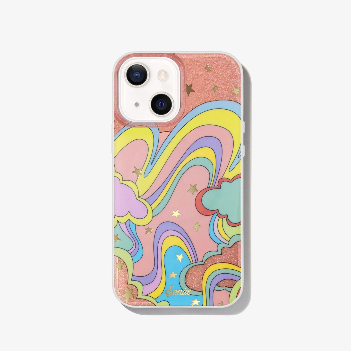 wavy colorful design on a pink sparkly iphone case with glitter and gold foil star details shown on an iphone 13