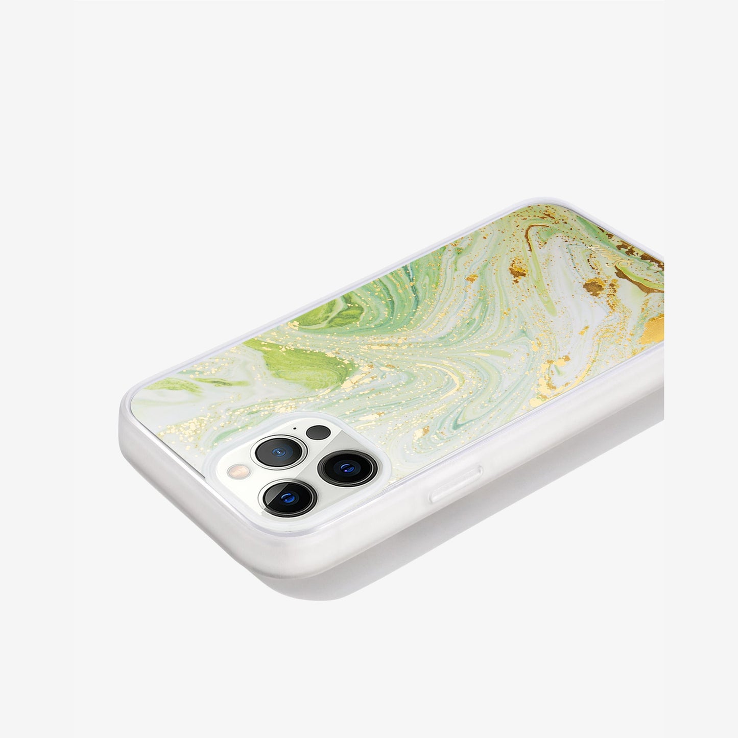 jade green marbled design with gold shimmer detailing shown on an iphone 12 pro side view