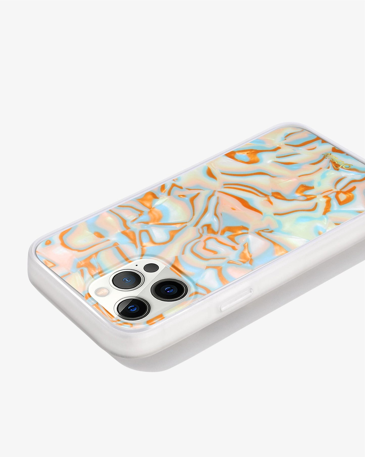 metallic oranges, blues, and cream colors in a wavy 70's pattern shown on an iphone 12 pro side view