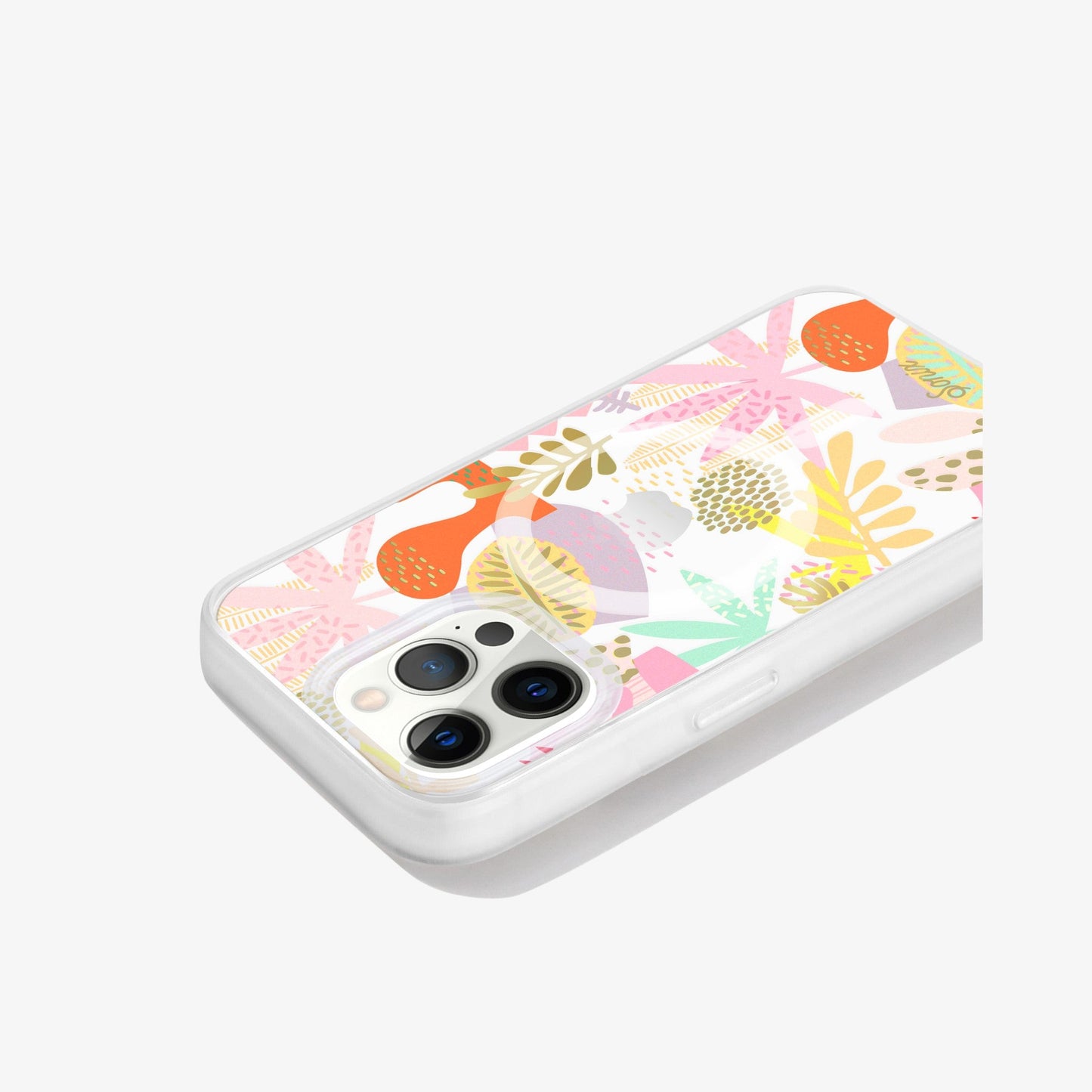 a collection of earthy shapes and forms, like plants and flowers to create a composition of playful abstract art with gold foil details shown on an iphone 13 pro side view