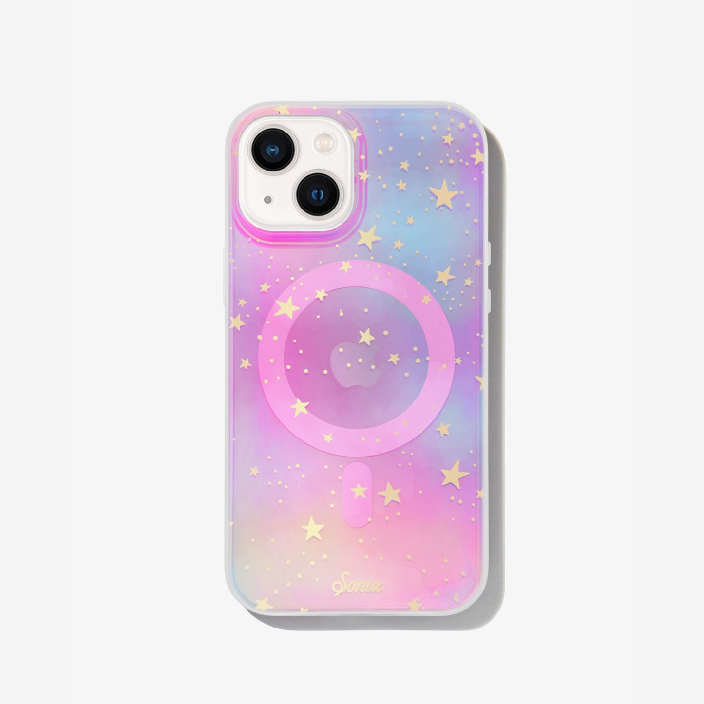 Our clear case with signature iridescent finish featuring gold foil stars shown on an iphone