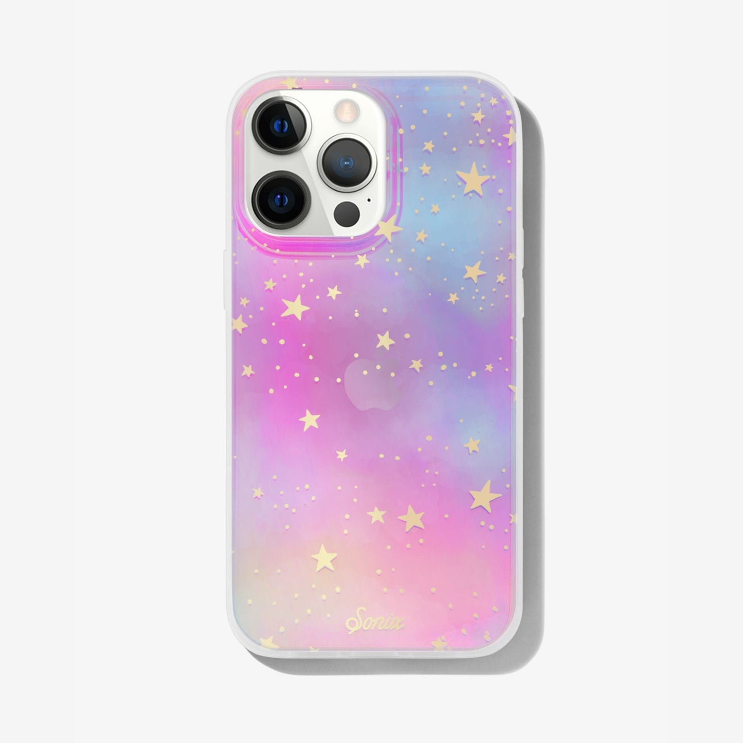 Our clear case with signature iridescent finish featuring gold foil stars shown on an iphone 13 pro max