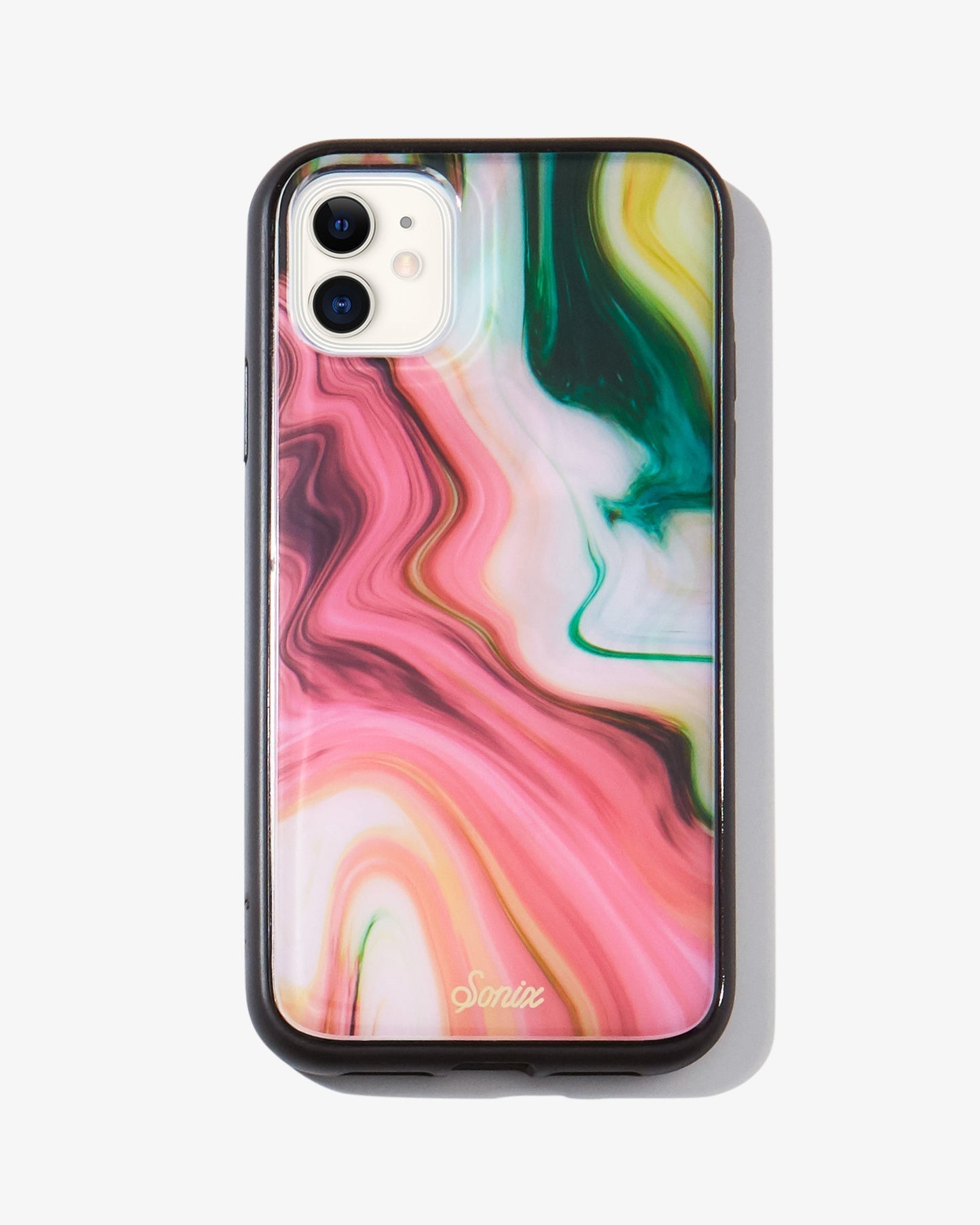 Quartz iPhone Case. Features a marbled print with a black bumper.