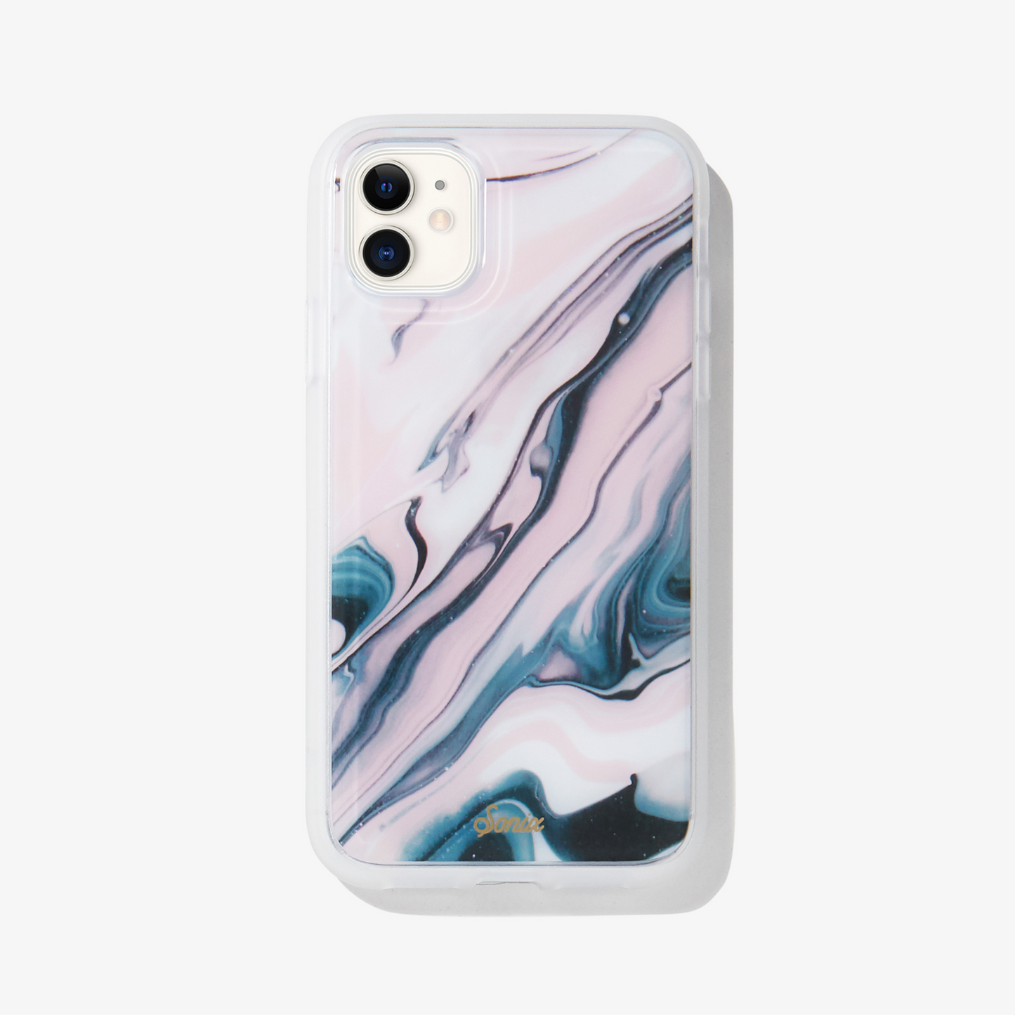 Quartz iphone case featuring pink marble quartz design on white iphone 12 mini