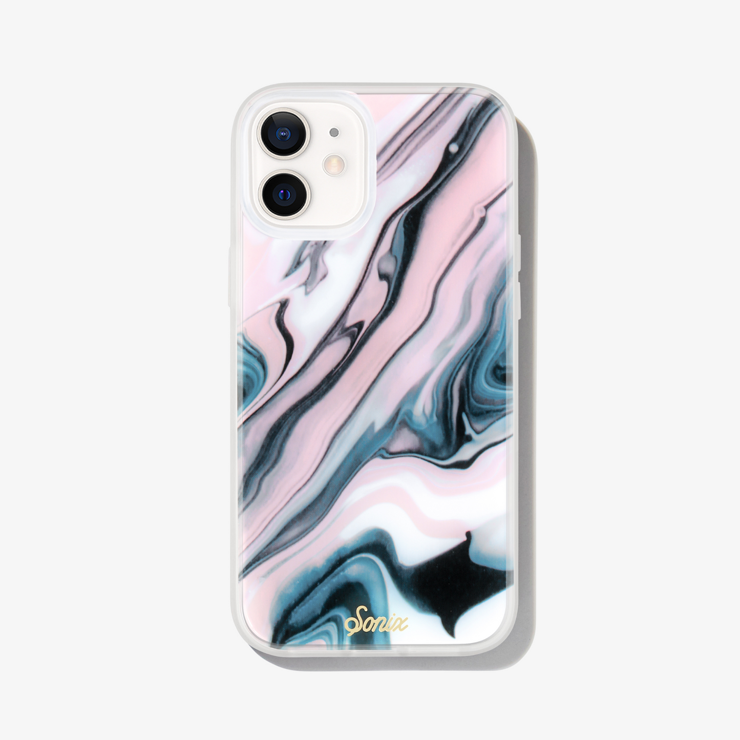 Quartz iphone case featuring pink marble quartz design on white iphone 12