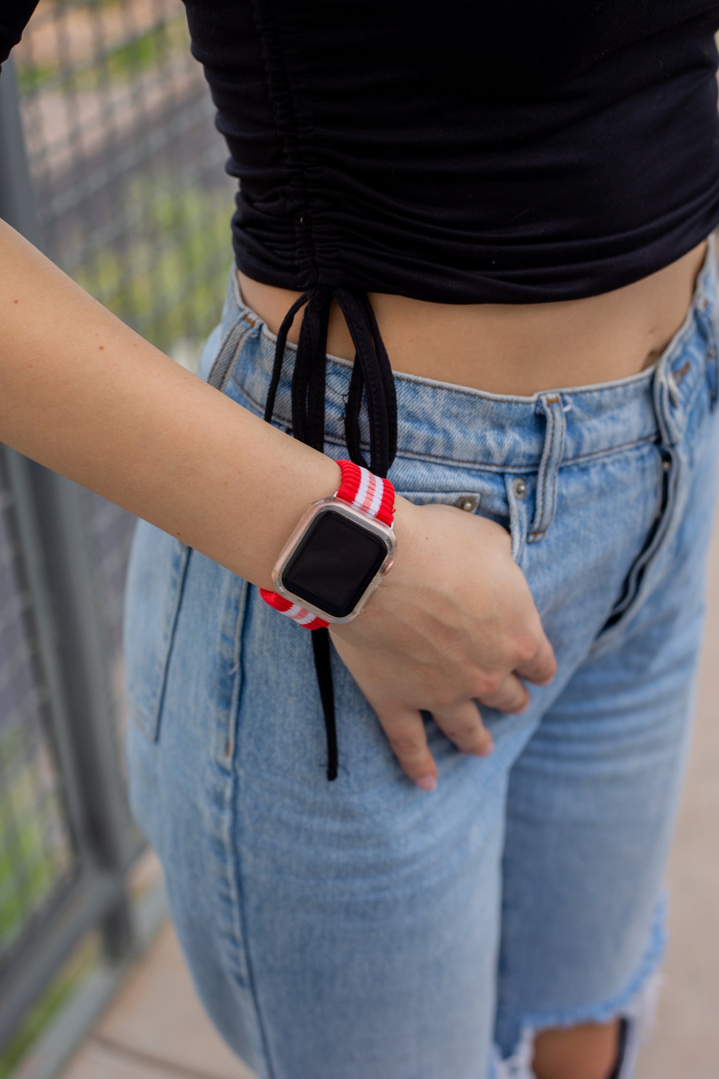 Knit Apple Watch Band - Varsity Red + Pink Stripe