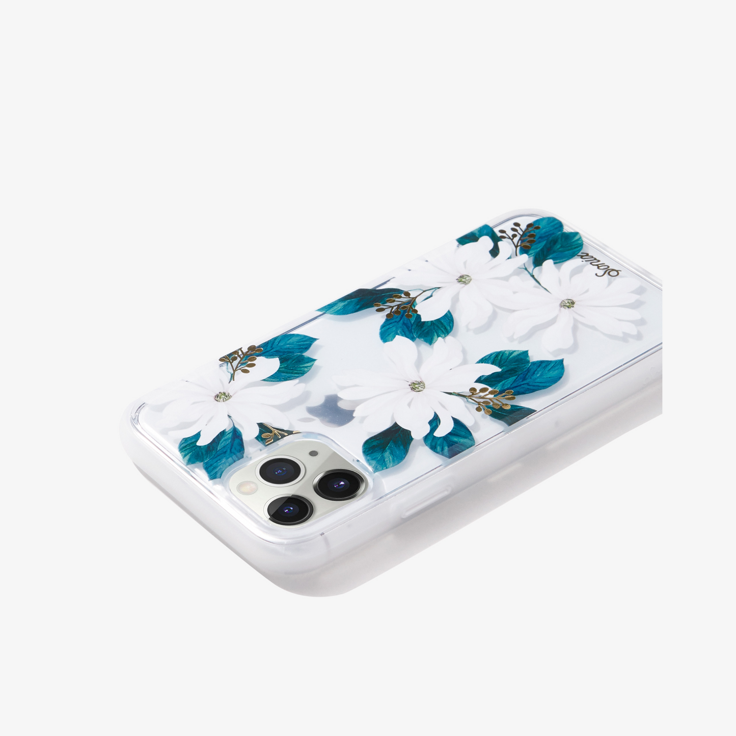delicate white flowers with gold foiled pollen details shown on an iphone 11 pro side view