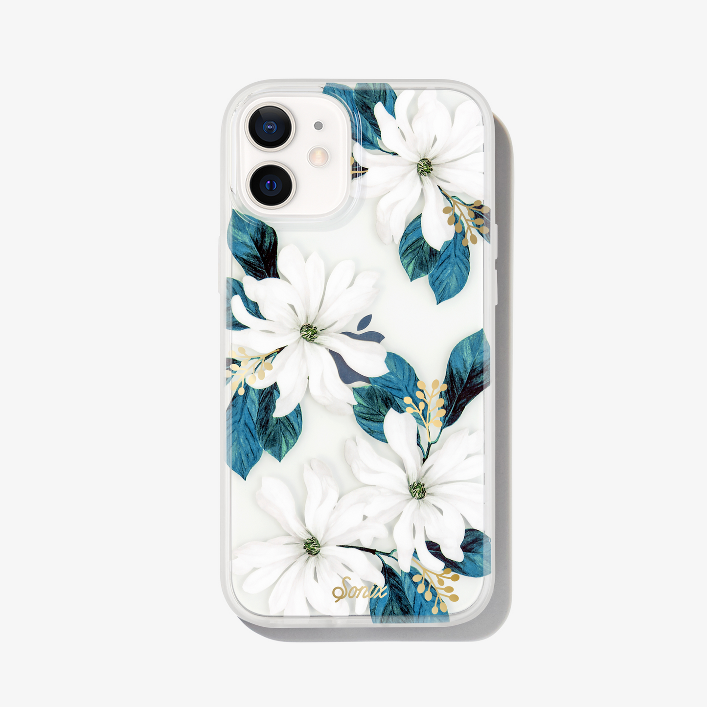 delicate white flowers with gold foiled pollen details shown on iphone 12