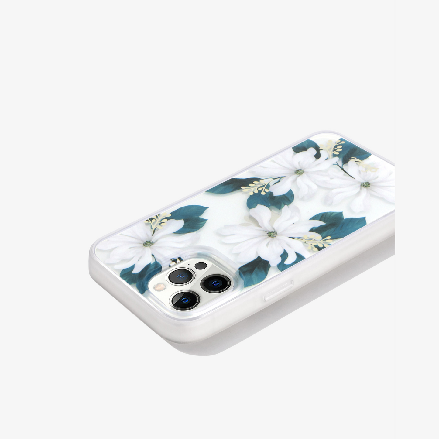 delicate white flowers with gold foiled pollen details shown on iphone 12 pro side view