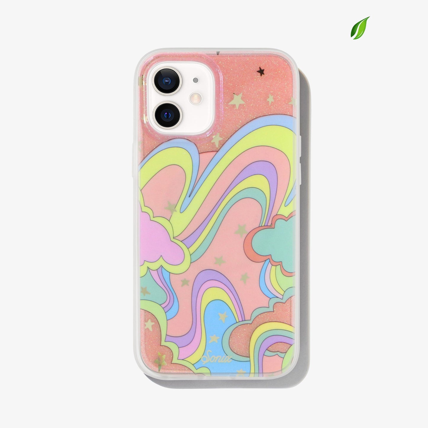 wavy colorful design on a pink sparkly iphone case with glitter and gold foil star details shown on an iphone 12