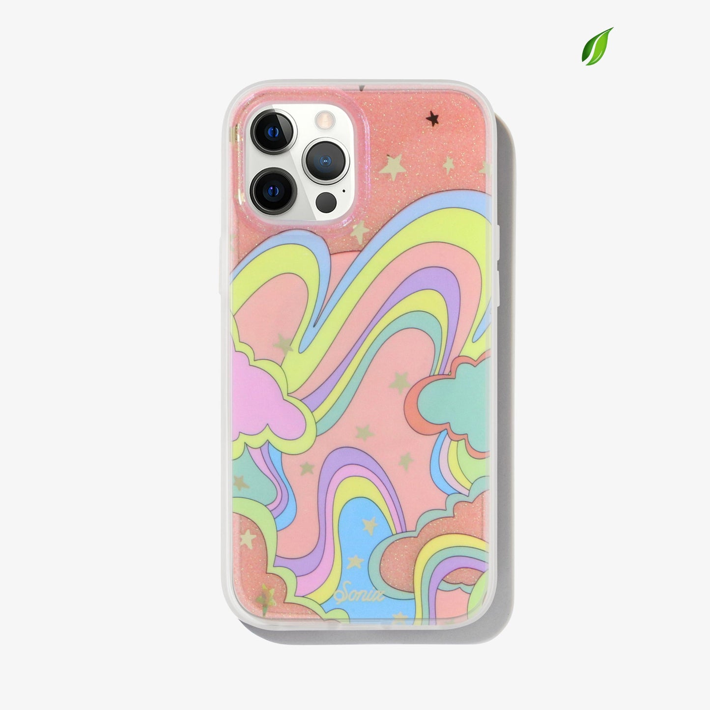 wavy colorful design on a pink sparkly iphone case with glitter and gold foil star details shown on an iphone 12 pro