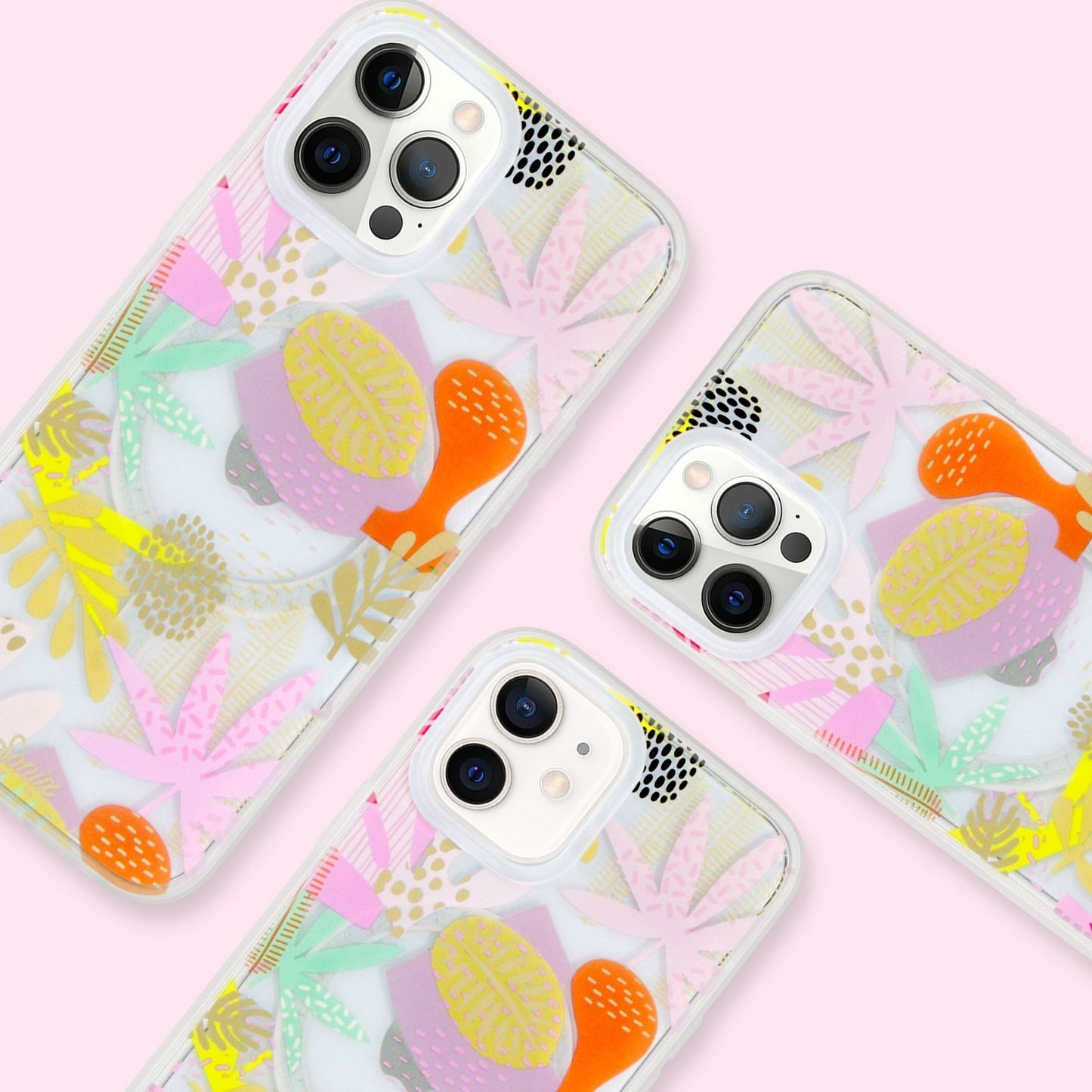 a collection of earthy shapes and forms, like plants and flowers to create a composition of playful abstract art with gold foil details shown on three different iphones lined up next to eachother on a pink background