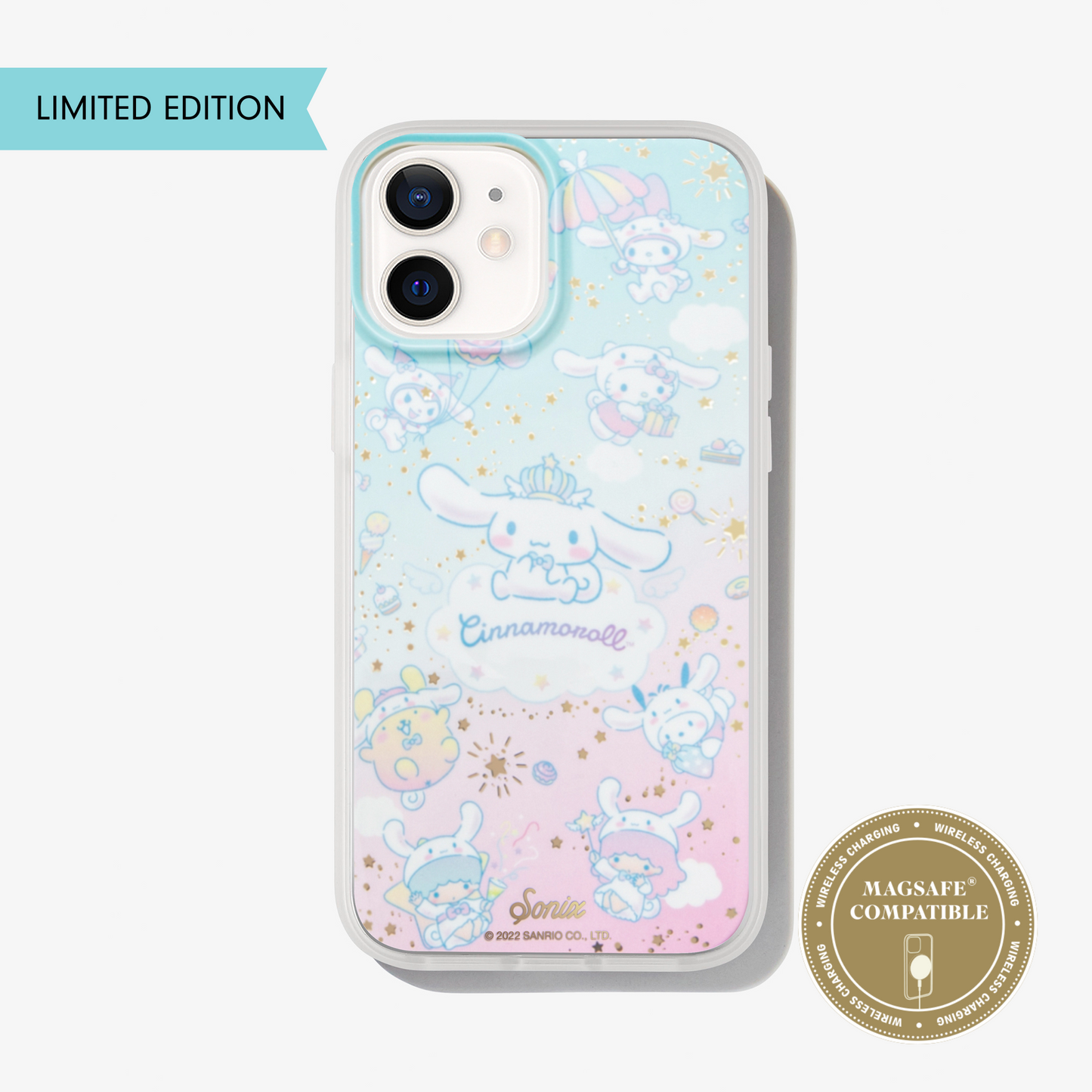 iphone 12 dreamy cinnamoroll iphone case with cinnamoroll and hello kitty and friends with gold foil stars on coulds pink and blue little twin stars pompompuin pochacco kuromi my melody