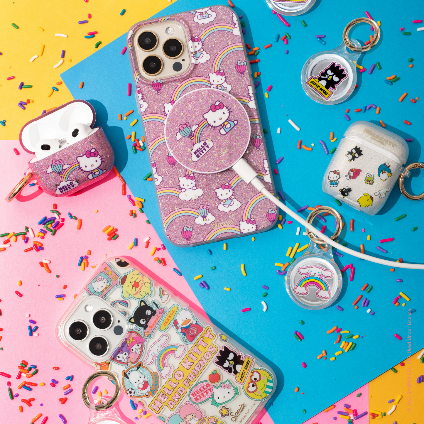 two hello kitty themed prints shown on an airpod case, iphone, and airtags
