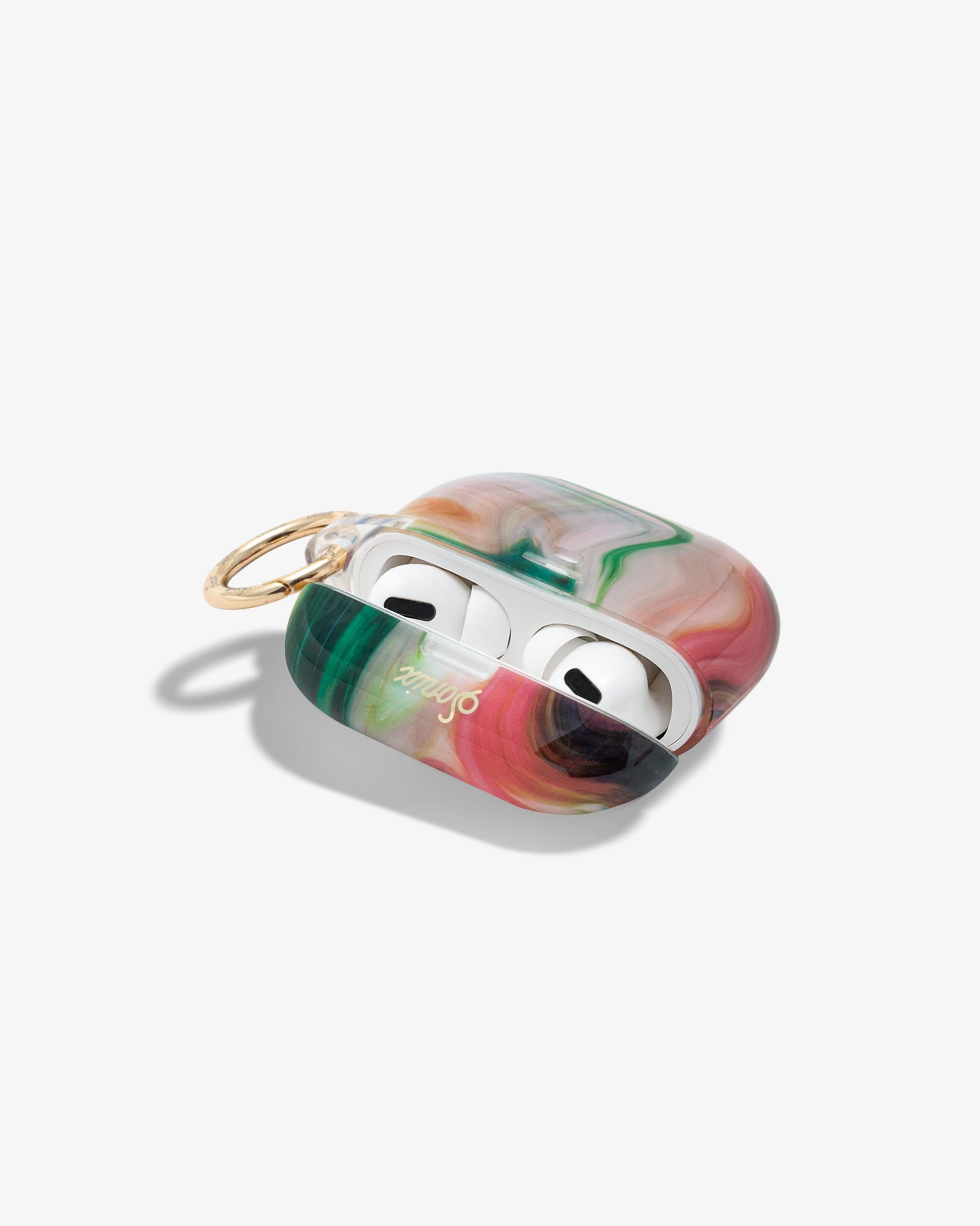 shades of red, blue, green, orange, yellow, and purple, marbled print shown on airpods pro with the case slightly open and airpods showing