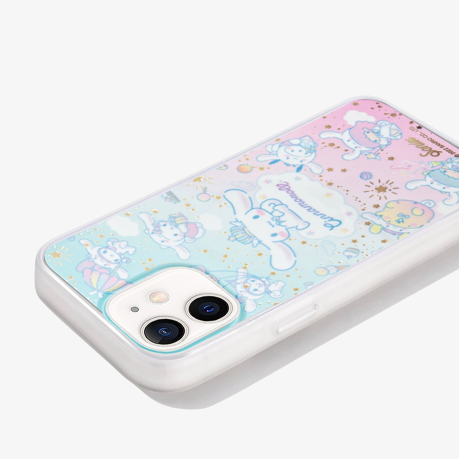 Pink and blue iphone case with gold stars, clouds, and hello kitty character cinnamoroll on an iphone 12 side view