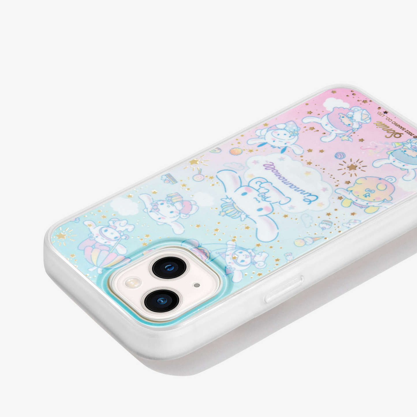 Pink and blue iphone case with gold stars, clouds, and hello kitty character cinnamoroll on an iphone 13 side view