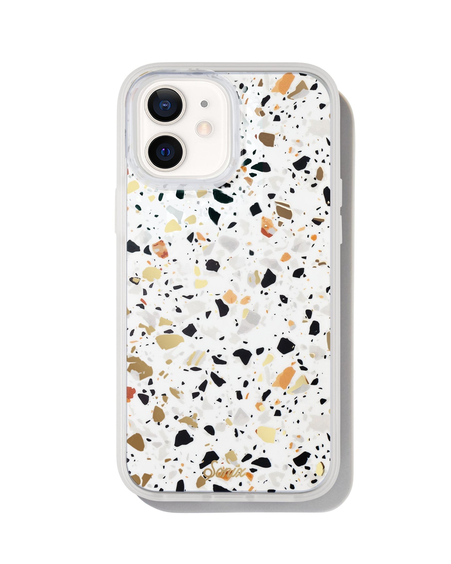 white iphone 12 case with flecks of blues, blacks, white, oranges, and creams