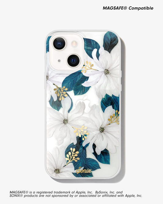 clear iphone 13 case with flora design with whites, greens, and gold foil