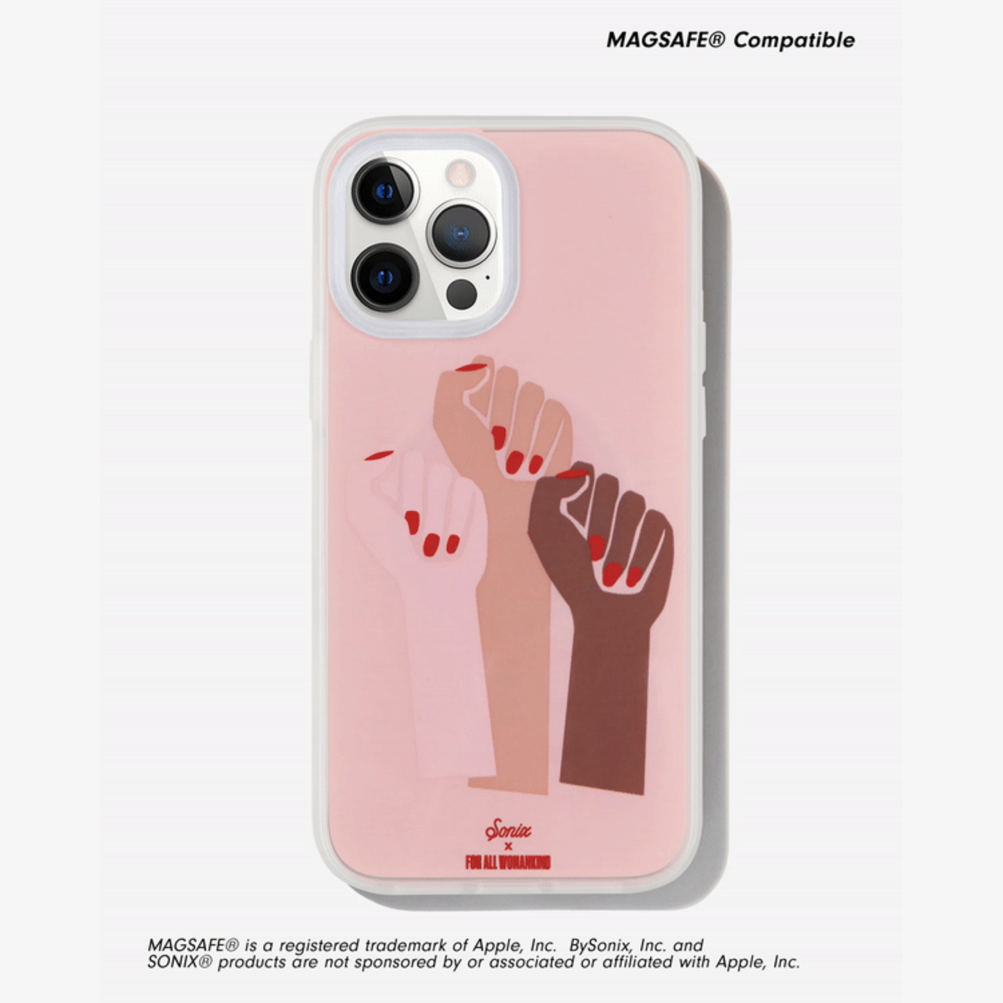 three fists with red nail polish on a pink background shown on an iphone 12 pro
