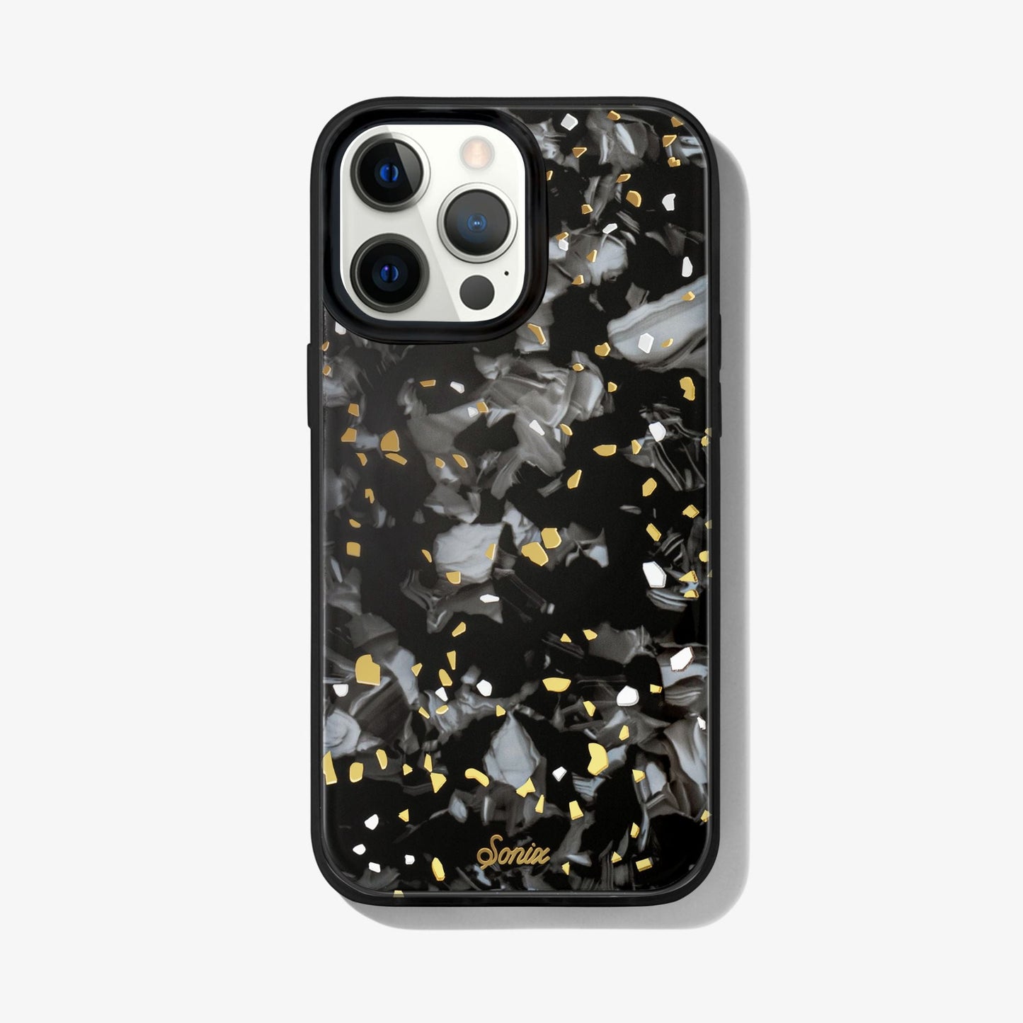 Dark galaxy rocks with highlights of gold and white on a black base.case shown on an iphone 13 pro max