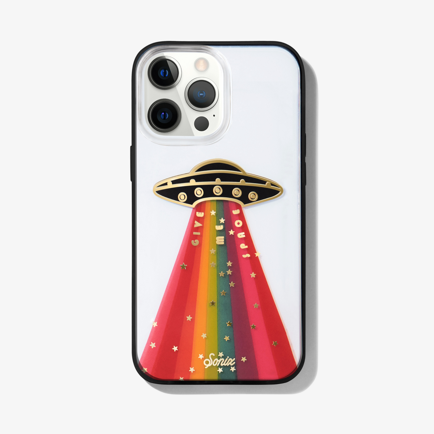 a rainbow ufo design and the words "give me space" with gold foiling and a black bumper shown on an iphone 13 prox max