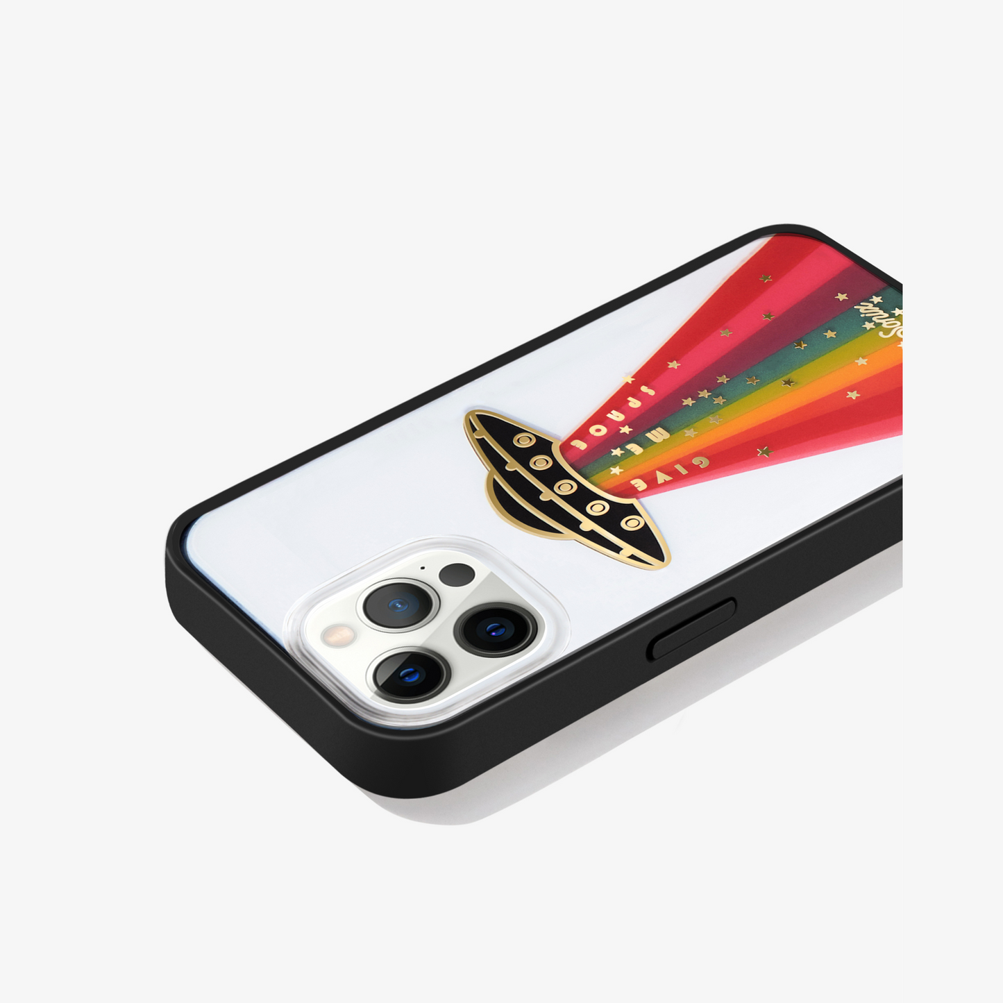 a rainbow ufo design and the words "give me space" with gold foiling and a black bumper shown on an iphone 13 pro max