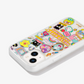  clear case with many beloved hello kitty characters featuring multi-color glitter and classic gold foiling shown on an iphone 13 side view