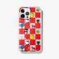 a silver glitter, red checkered print with all your favorite Sanrio® friends waving hello shown on an iphone 12 pro
