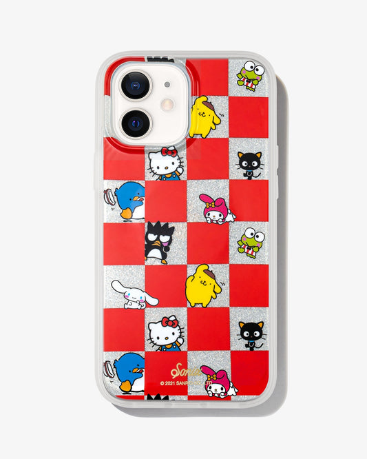 a silver glitter, red checkered print with all your favorite Sanrio® friends waving hello shown on an iphone 12