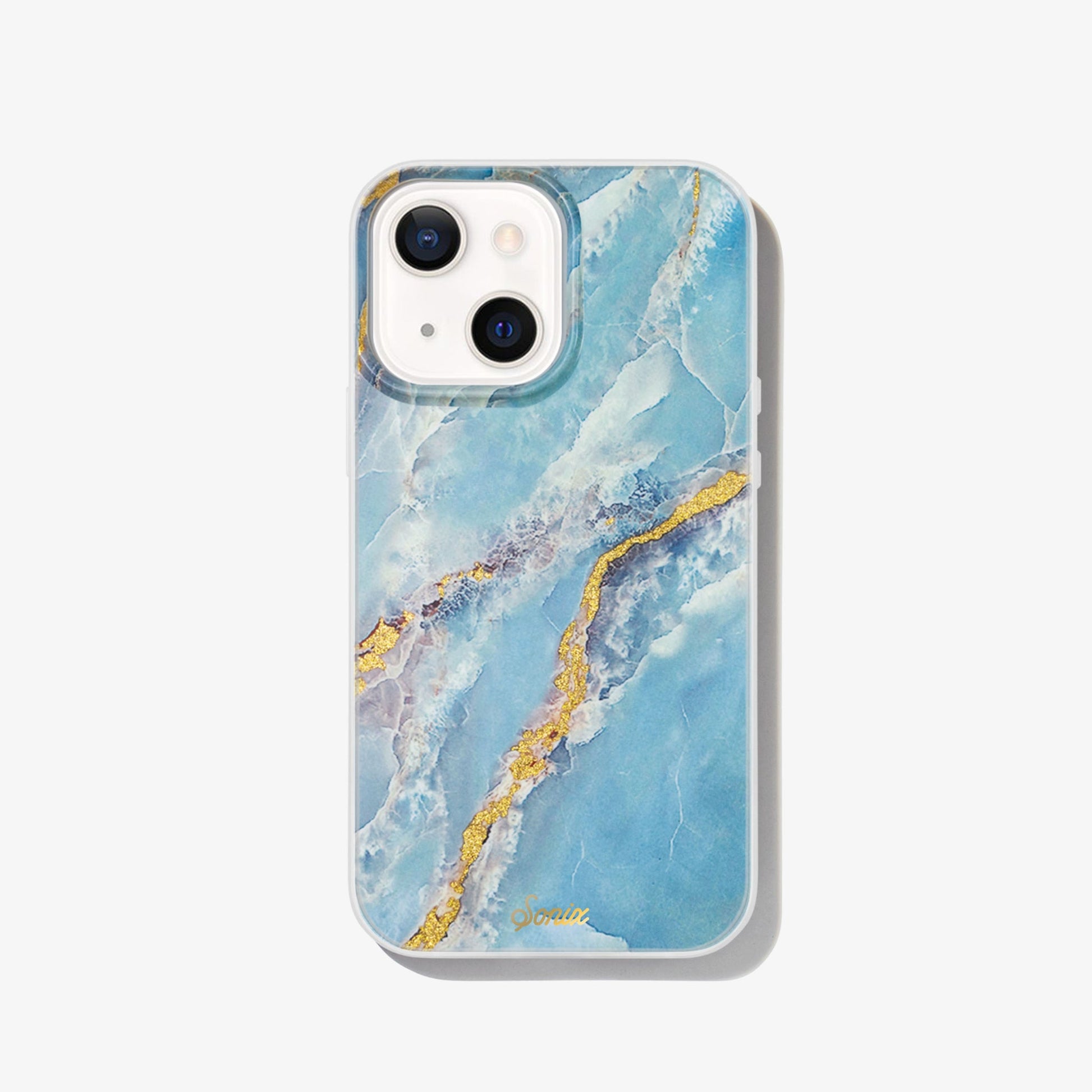 blue marble with gold glitter metallic veins shown on an iphone 13