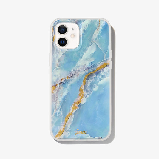 blue marble with gold glitter metallic veins shown on an iphone 12