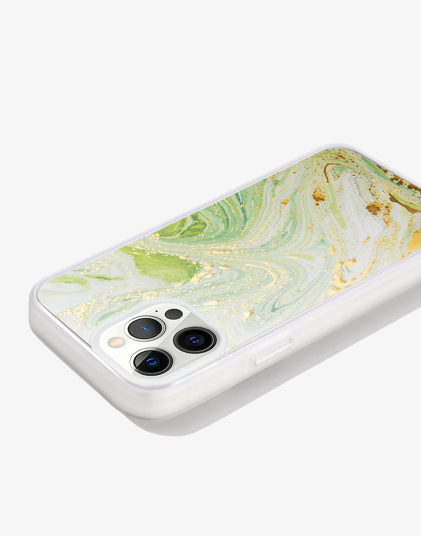 jade green marbled design with gold shimmer detailing shown on an iphone 12 pro side view