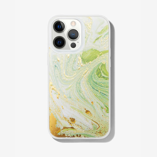 jade green marbled design with gold shimmer detailing shown on an iphone 13 pro max