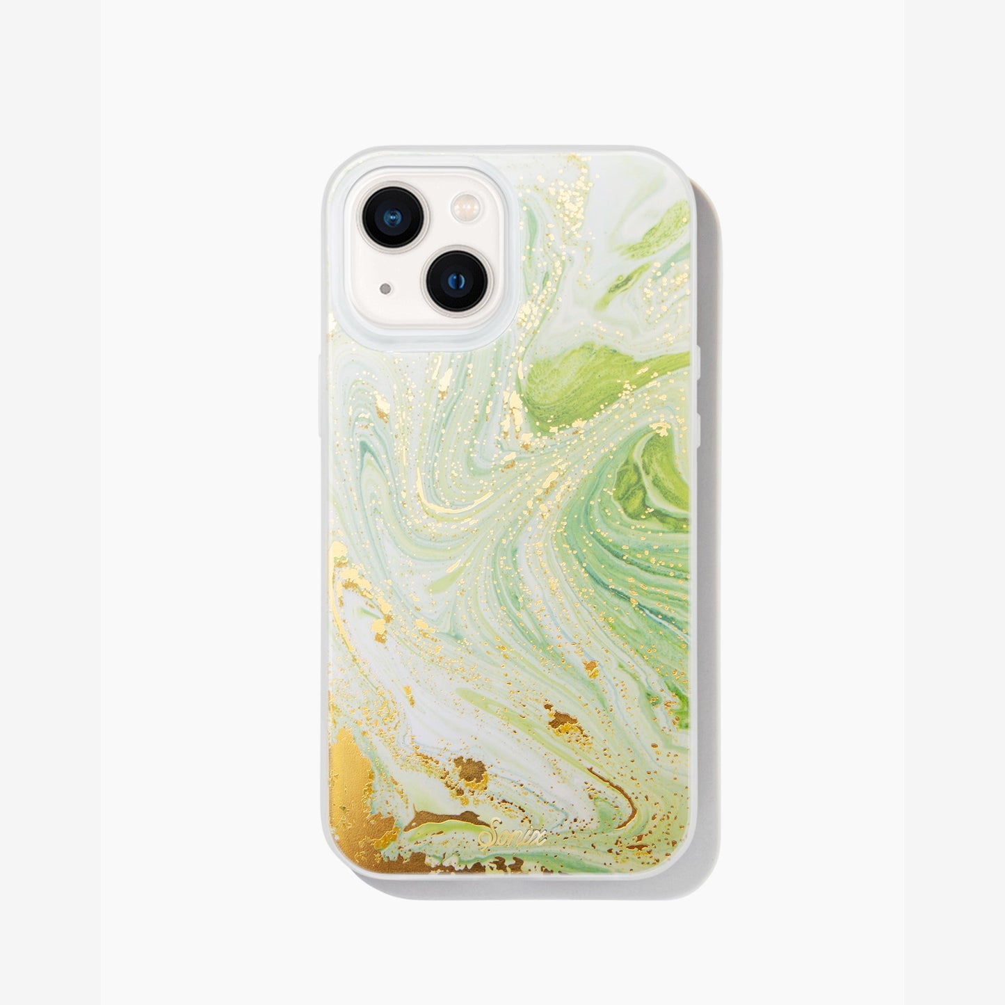 jade green marbled design with gold shimmer detailing shown on an iphone 13 