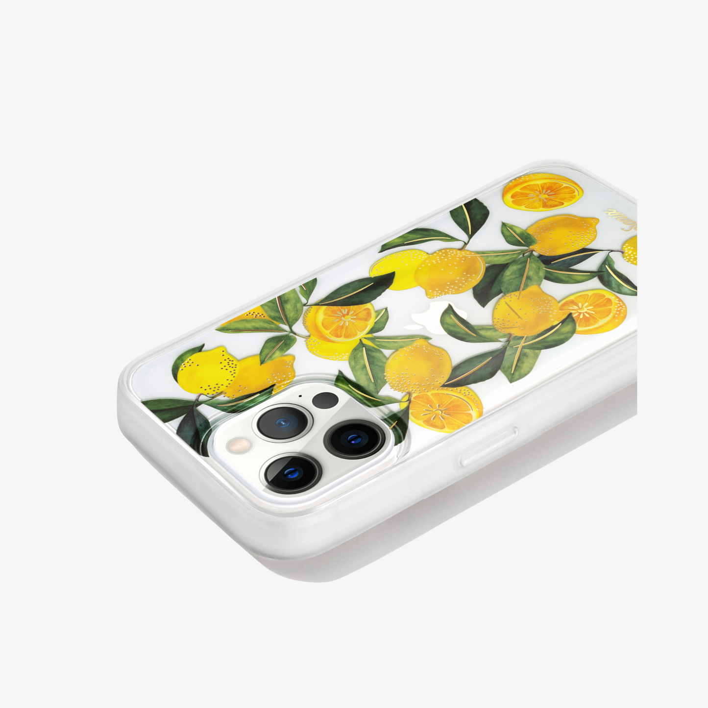 Lemons with green foliage and gold foiling side view